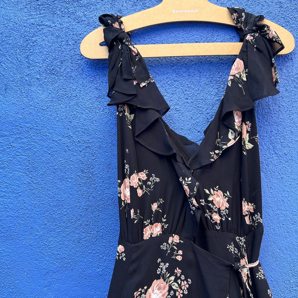 reformation black floral clarice peppermint sleeveless wrap maxi dress gown - Picture 4 of 10